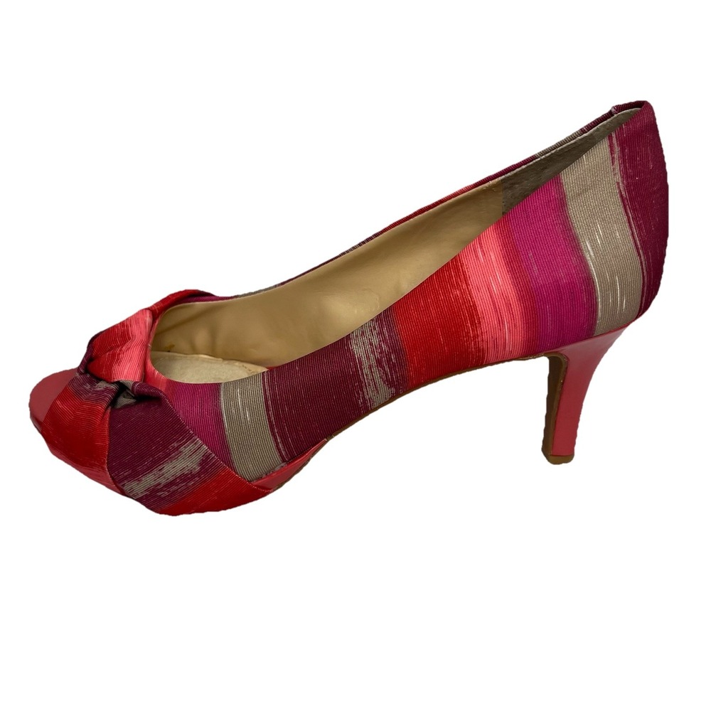 Alex Marie Rosette High Heels Pump Peep Toe Red Fabric Stripe 8 M Retro 50s Boho